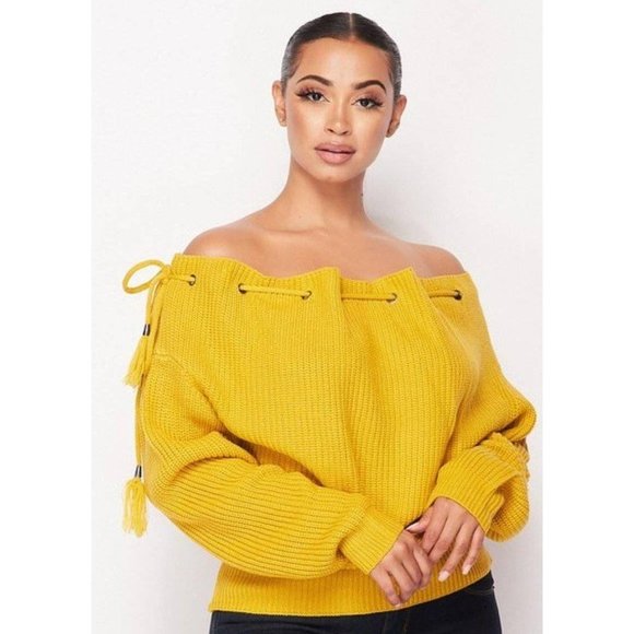 Honey Mustard Drawstring Off Shoulder Sweater - Picture 7 of 9